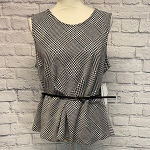 NWT Liz Claiborne Monochrome Houndstooth Checkered Sleeveless Belted Top Size L